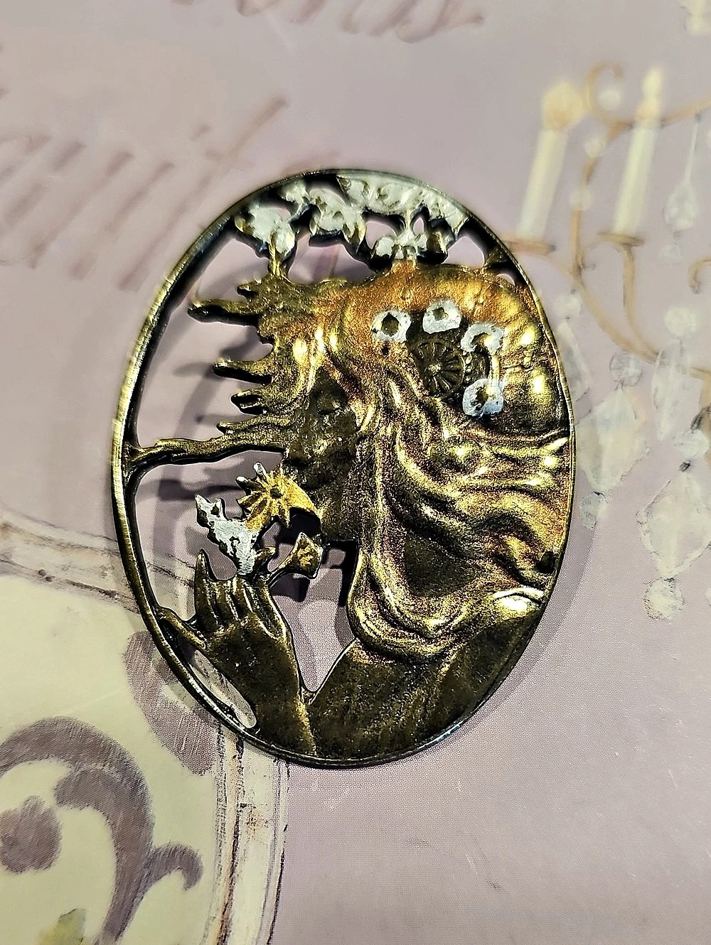 Vintage Art Nouveau Style Two-Tone Nymph Brooch with Enamel Accents